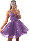 Glitter Tulle Homecoming Dresses for Teens Spaghetti V Neck Short Prom Dresses A Line Mini Cocktail Party Gowns