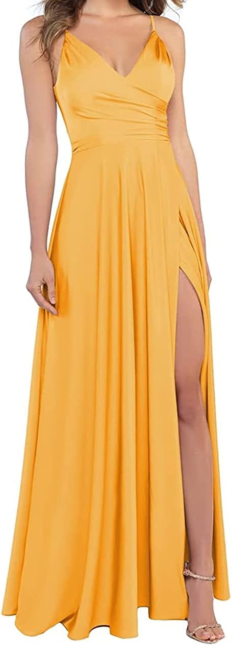 Lange Brautjungfernkleider für Frauen, formelle Satin-Spaghettiträger, Abschlussball- und Abendkleider 