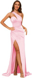 Women's One Shoulder Prom Dress 2025 Satin Long Ruched Mermaid Formal Dresses with Slit