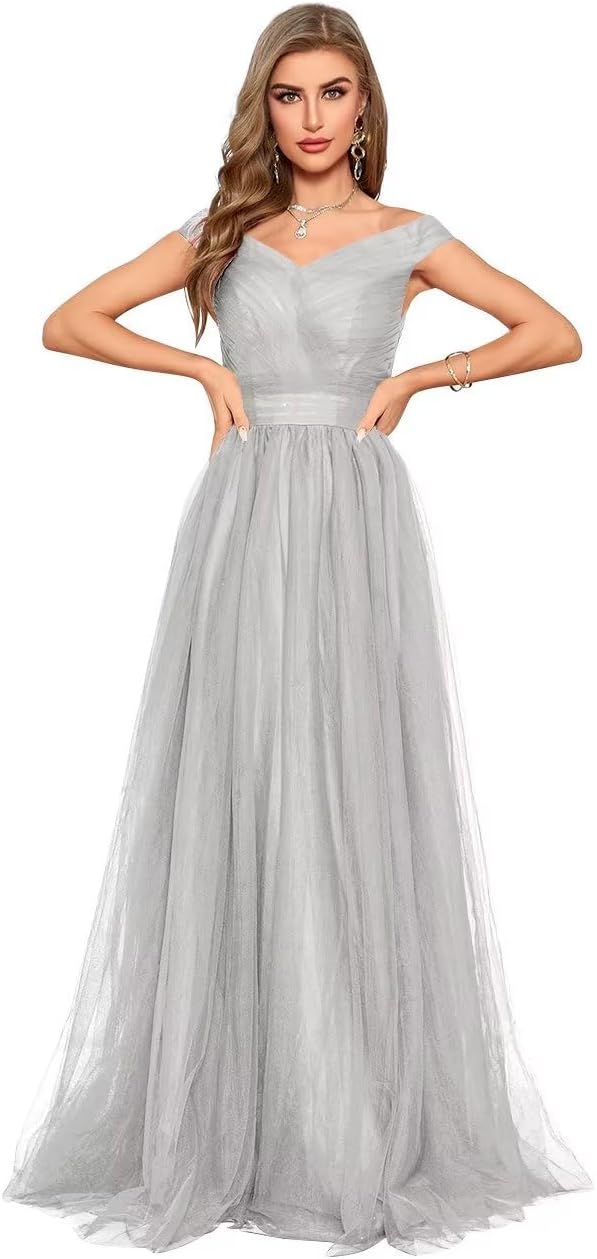 Schulterfreies Ballkleid, langes Ballkleid für Damen, A-Linie, Herzausschnitt, mehrlagiges Tüllkleid für Hochzeit, Abendparty 