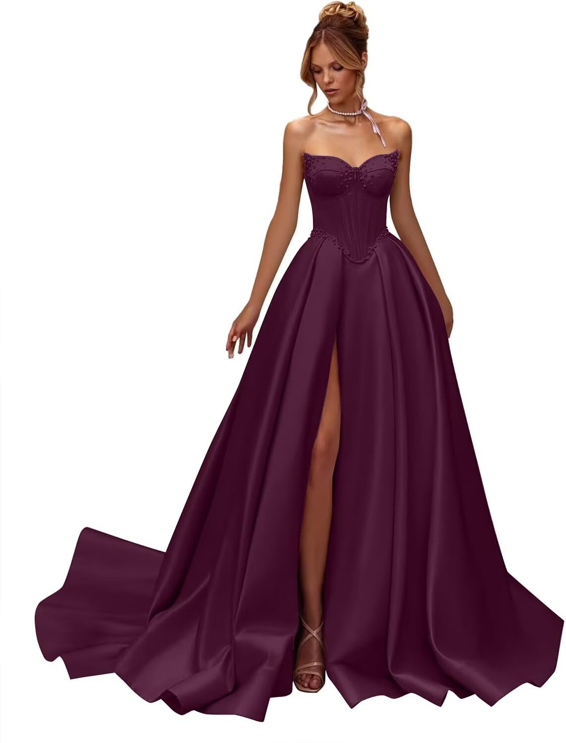 Kingbridal Gowns Strapless Prom Dresses for Women 2026 Long Satin A-line Formal Dress with Slit Beaded Corset Evening Party Gowns