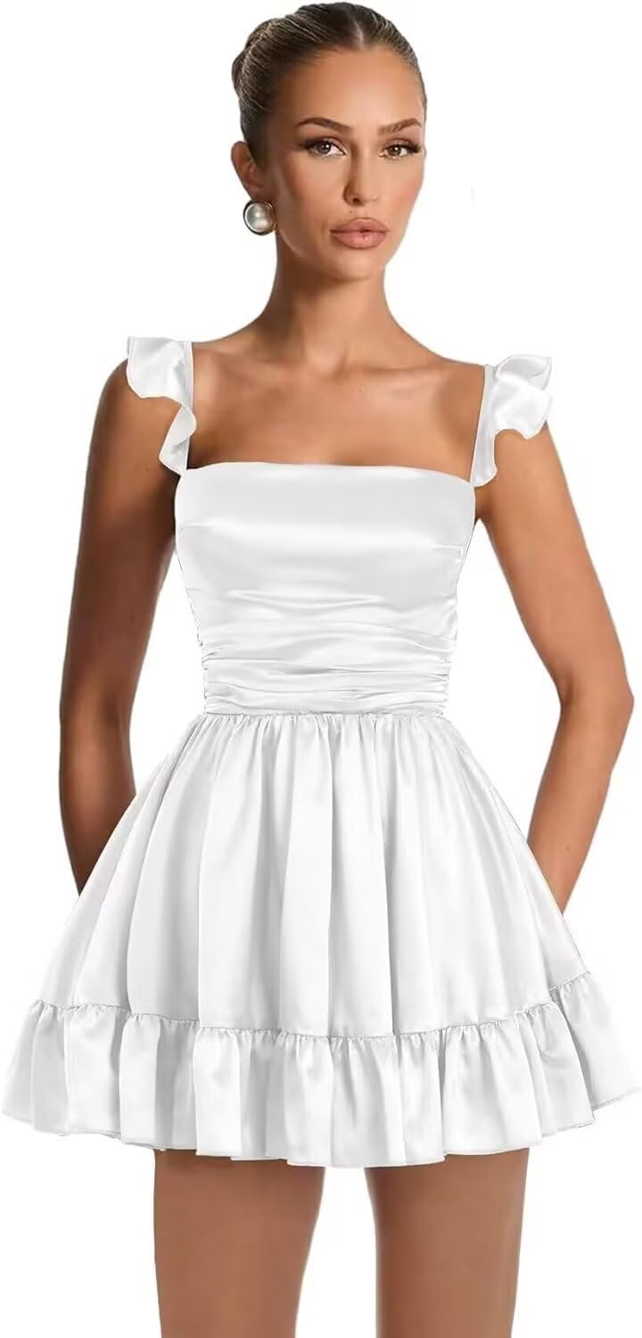 Satin Homecoming Dresses for Teens 2027 A-line Ruched Square Neck Short Prom Formal Cocktail Gowns with Pockets