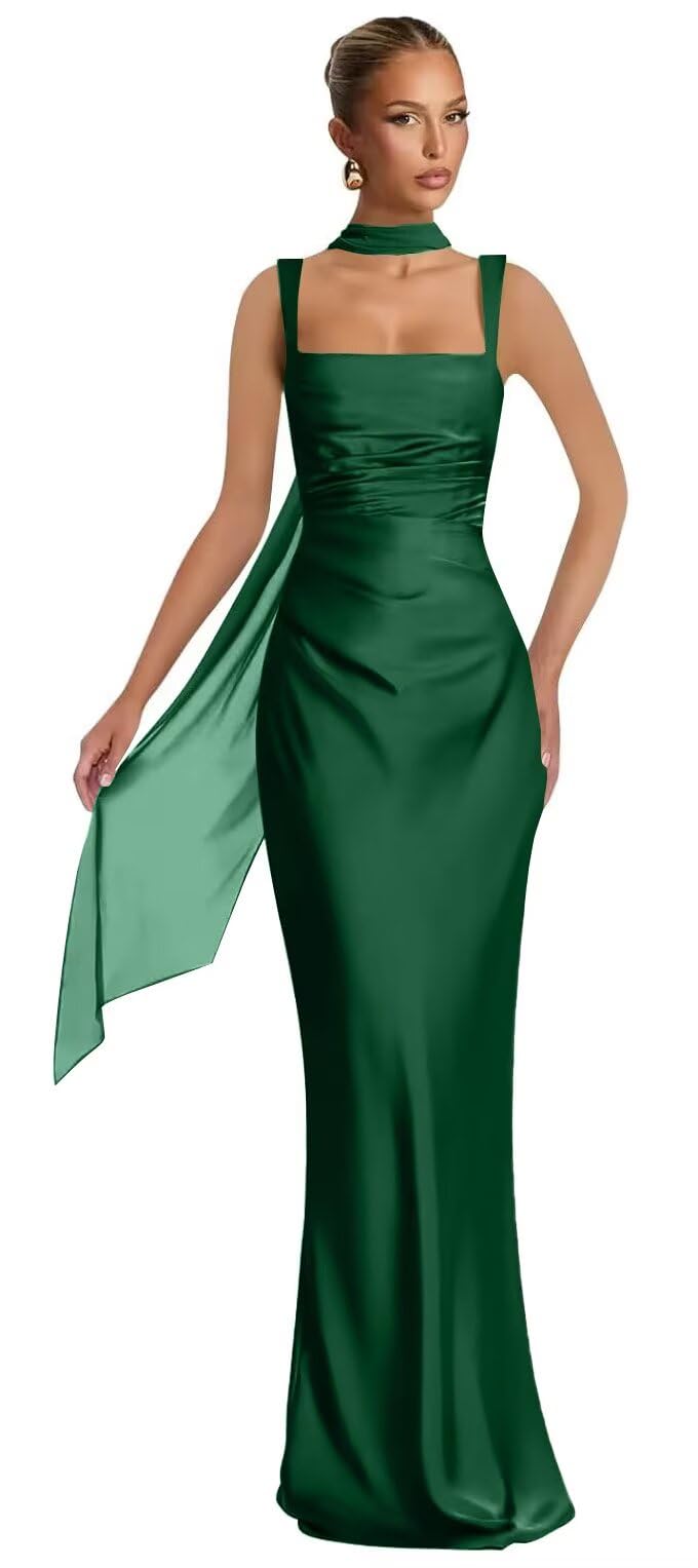 Mermaid Bridesmaid Dresses with Scarf 2027 Long Satin Spaghetti Straps Ruched Formal Evening Party Dress for Women