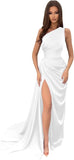 Vestidos de dama de honor largos con un hombro al descubierto y pliegues de satén estilo sirena para fiesta de boda formal 