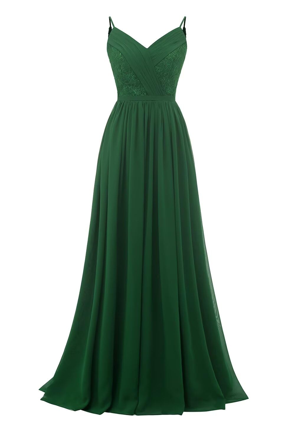 Women's Lace Chiffon Bridesmaid Dresses for Wedding Long Spaghetti Straps Bodice Formal Party Gown with Pockets