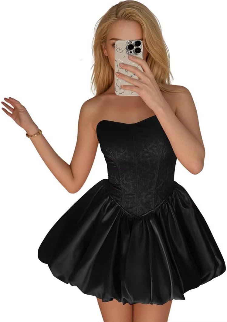 Strapless Satin Homecoming Dresses for Teens Jacquard Short Prom Dress A-line Cocktail Party Gowns with Pockets