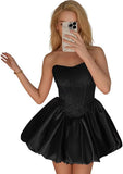 Strapless Satin Homecoming Dresses for Teens Jacquard Short Prom Dress A-line Cocktail Party Gowns with Pockets