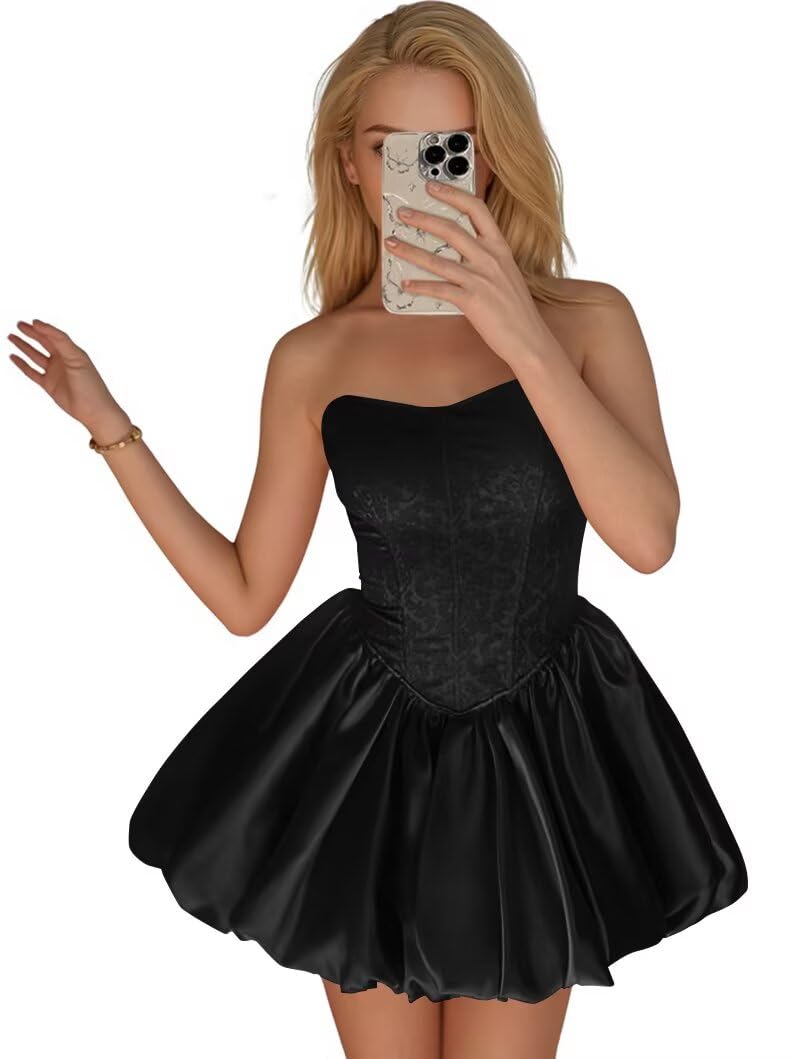 Strapless Satin Homecoming Dresses for Teens Jacquard Short Prom Dress A-line Cocktail Party Gowns with Pockets