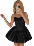 Strapless Satin Homecoming Dresses for Teens Jacquard Short Prom Dress A-line Cocktail Party Gowns with Pockets