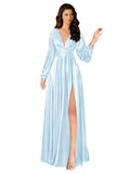 Kingbridal Gowns Long Sleeve Satin Bridesmaid Dresses for Women Long A-Line V-Neck Pleated Formal Evening Party Ball Gown with Slit