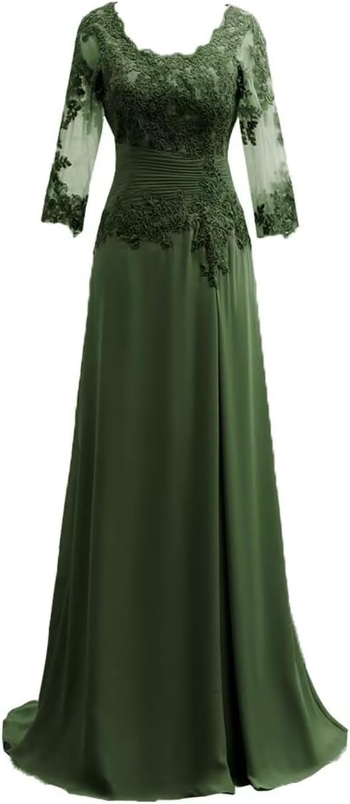 Women's Lace Appliqued Mother of The Bride Dresses 3/4 Sleeves Scoop Long Formal Evening Dress