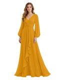 Women's Chiffon Bridesmaid Dresses Long Sleeve Ruffles V-Neck Pleated Formal Wedding Guest Dresses Mother of the bride Dress
