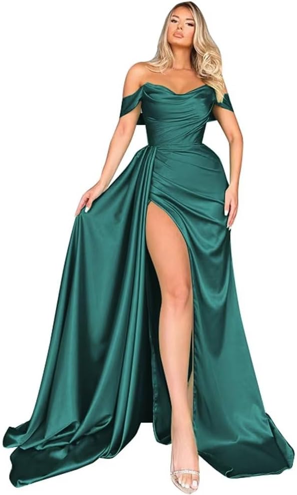 Off Shoulder Satin Bridesmaid Dresses Long Formal Gown for Wedding Ruched Prom Dress with Slit