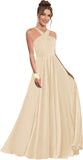 Halter Bridesmaid Dresses for Wedding Chiffon A Line Pleated Long Formal Prom Dress with Belt