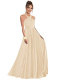 Halter Bridesmaid Dresses for Wedding Chiffon A Line Pleated Long Formal Prom Dress with Belt