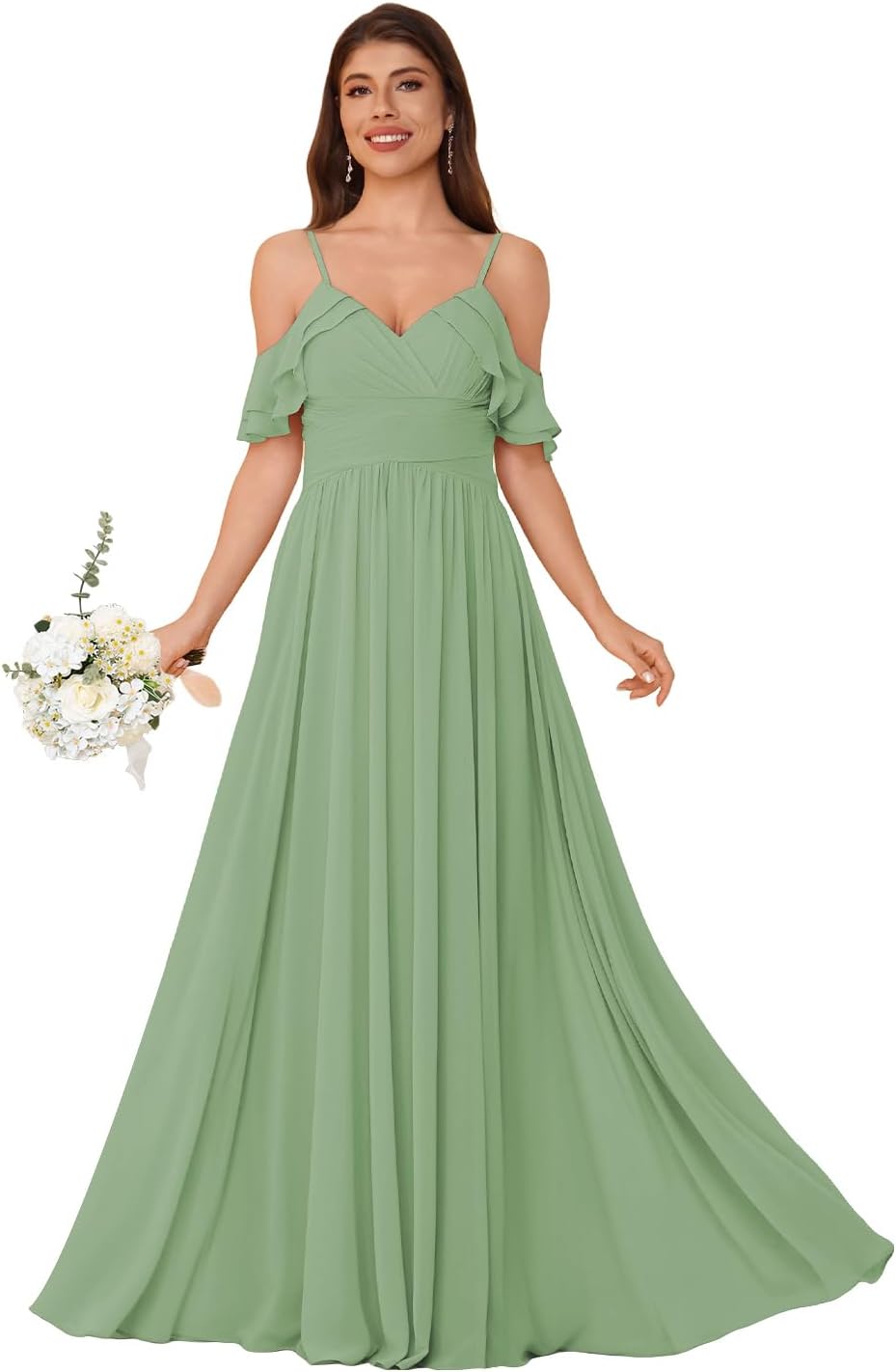 Women's Long Chiffon Bridesmaid Dresses Ruffle V Neck Formal Evening Prom Gown Spaghetti Strap Maxi Wedding Guest Dress