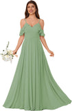 Women's Long Chiffon Bridesmaid Dresses Ruffle V Neck Formal Evening Prom Gown Spaghetti Strap Maxi Wedding Guest Dress