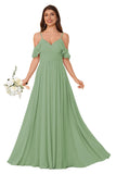 Women's Long Chiffon Bridesmaid Dresses Ruffle V Neck Formal Evening Prom Gown Spaghetti Strap Maxi Wedding Guest Dress