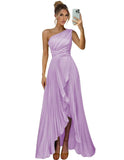 One Shoulder Bridesmaid Dresses for Women Satin Pleated Long A Line Formal Prom Evening Party Dress with Slit