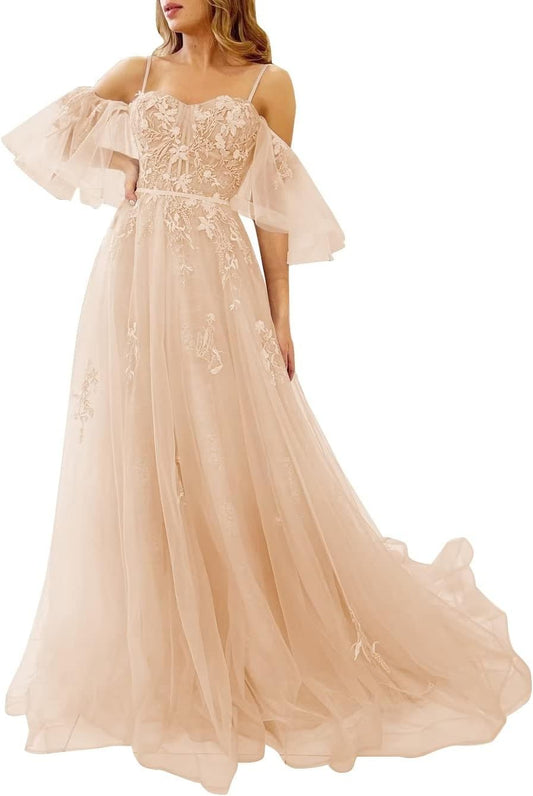 Schulterfreies Tüll-Ballkleid für Teenager, Spitzenapplikationen, formelle Kleider, A-Linie, formelles Abendkleid