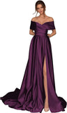 Women's Off Shoulder Long Prom Dresses with Slit 2025 Satin A-Line Sweetheart Corset Formal Evening Dresses with Pockets