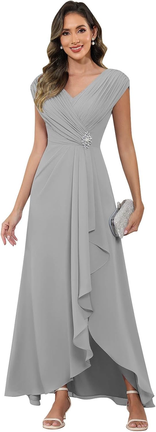 Cap Sleeve Mother of The Bride Dresses Chiffon V Neck Beaded Ruffles A Line Long Formal Evening Dress