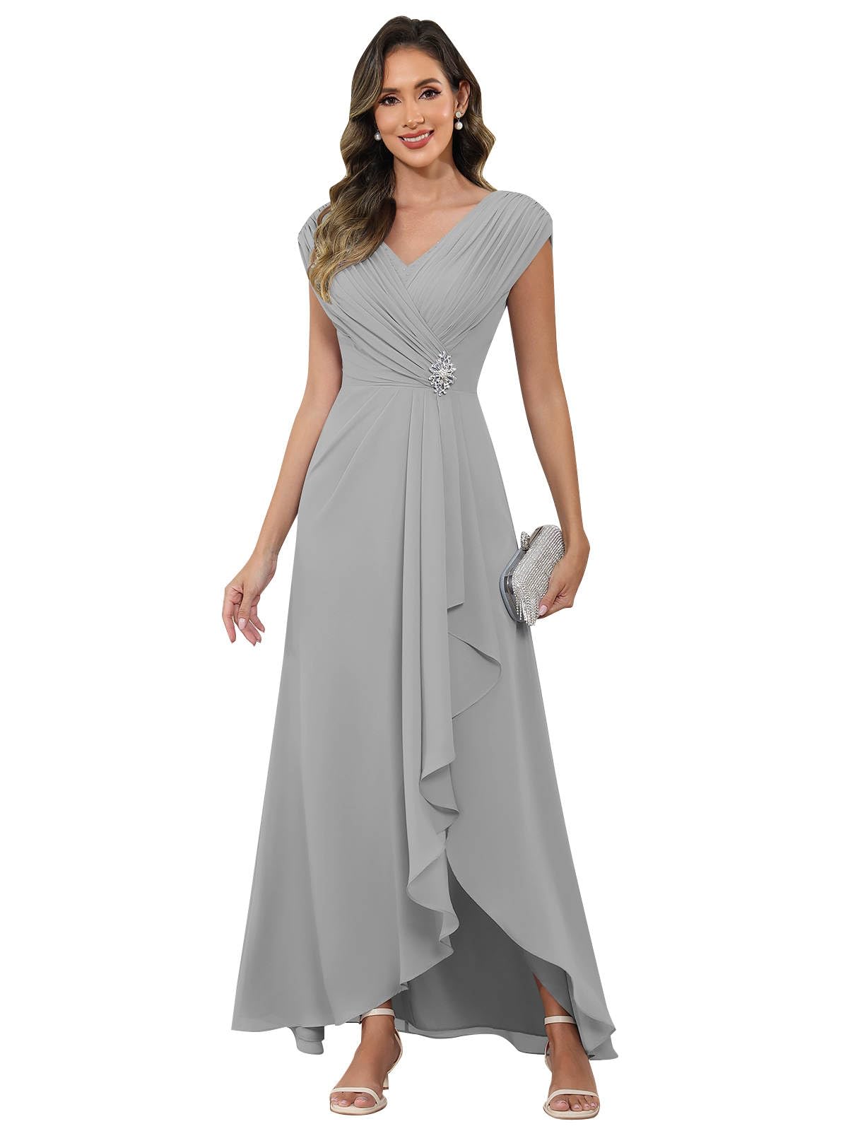 Cap Sleeve Mother of The Bride Dresses Chiffon V Neck Beaded Ruffles A Line Long Formal Evening Dress