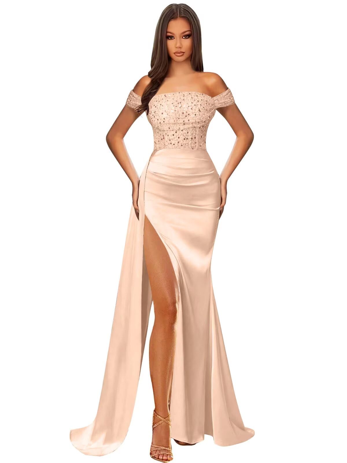 Off Shoulder Sequin Prom Dresses for Women 2027 Long Mermaid Tight Satin Formal Evening Party Dress with Slit