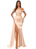 Off Shoulder Sequin Prom Dresses for Women 2027 Long Mermaid Tight Satin Formal Evening Party Dress with Slit