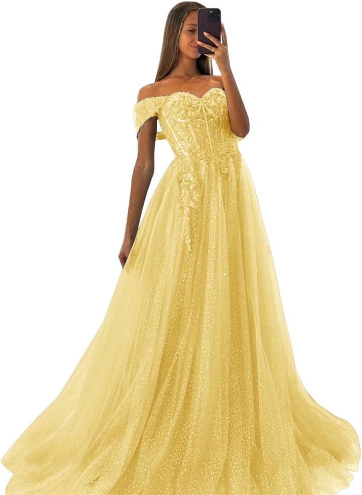 Off The Shoulder Tulle Prom Dresses 2027 Lace Applique A Line Long Sparkly Formal Evening Party Gowns