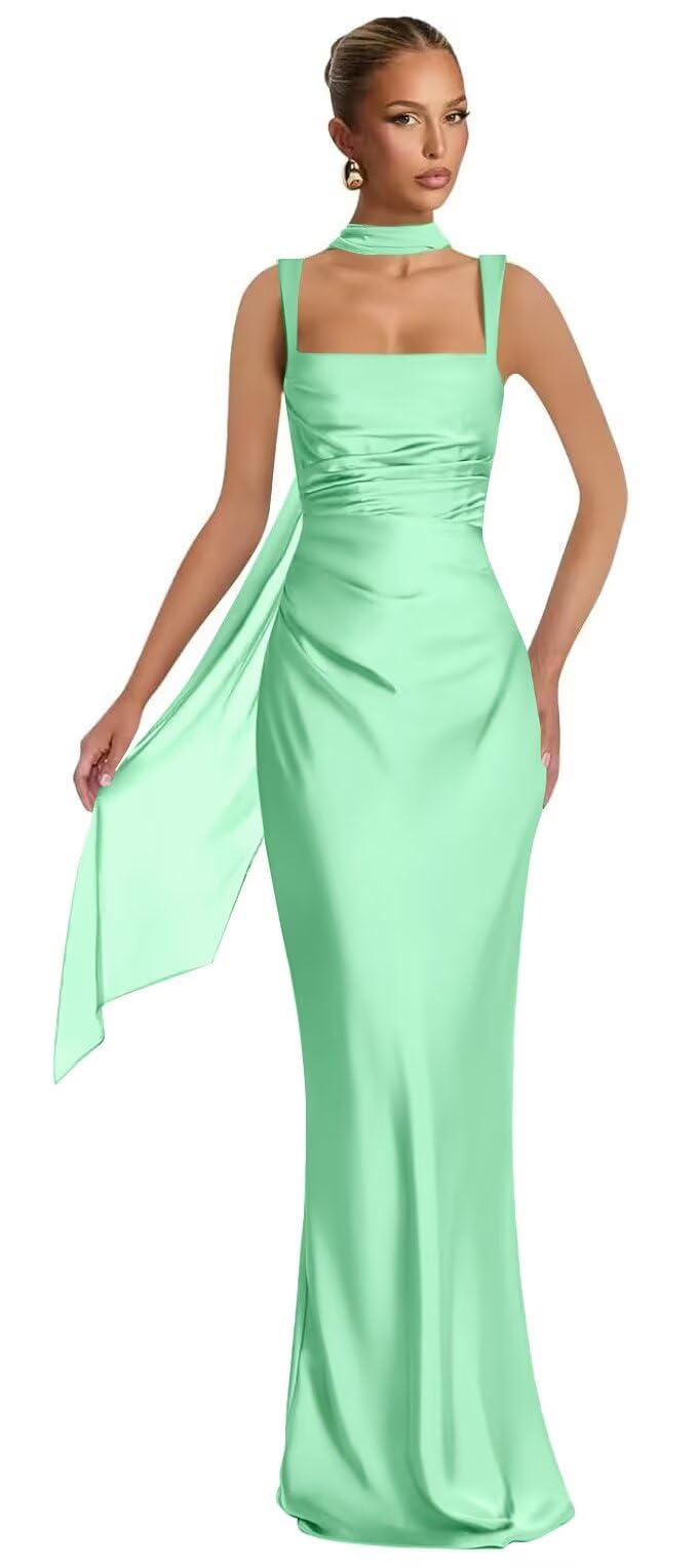 Mermaid Bridesmaid Dresses with Scarf 2027 Long Satin Spaghetti Straps Ruched Formal Evening Party Dress for Women