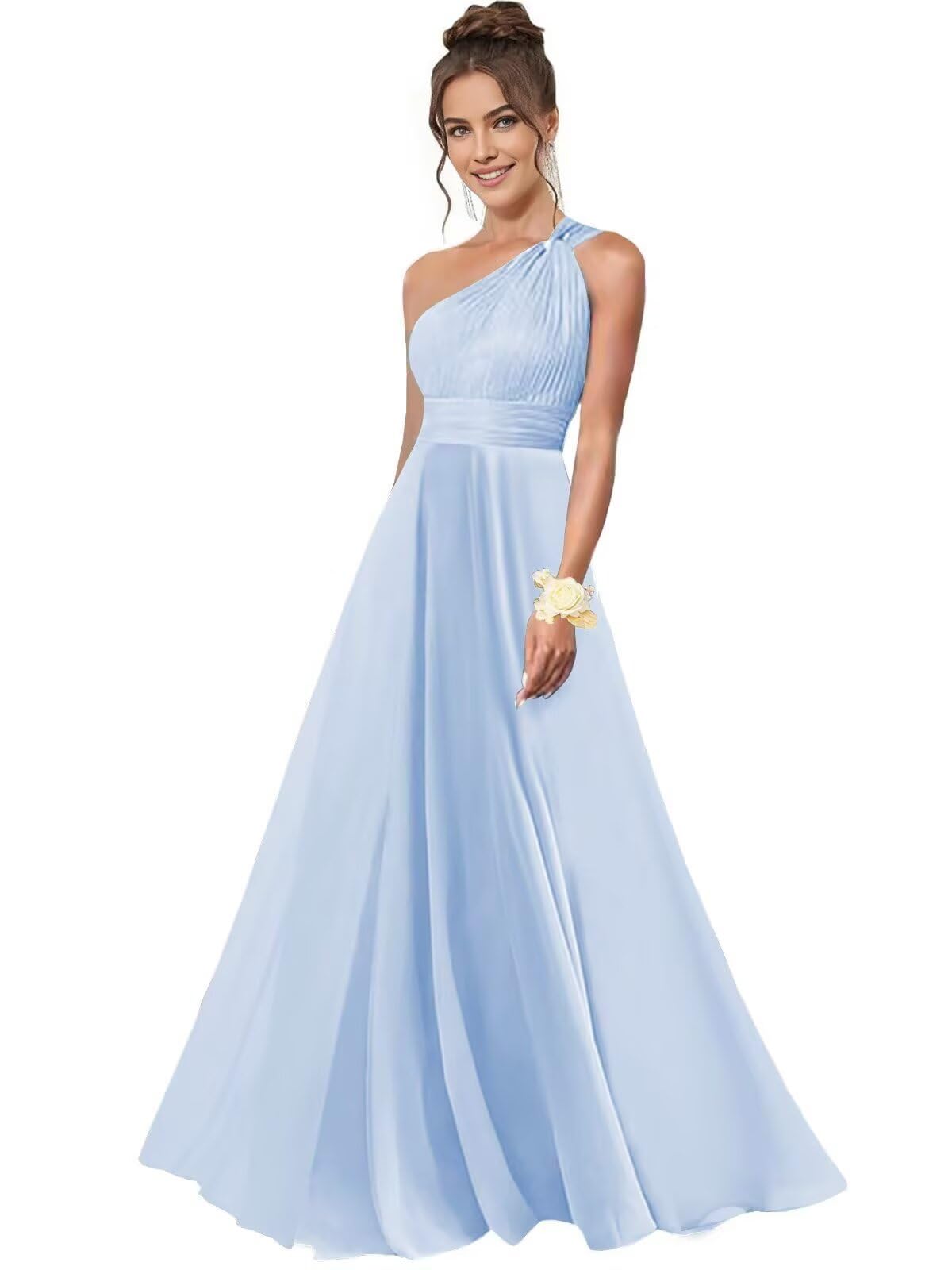 One Shoulder Bridesmaid Dresses for Women Chiffon A Line Pleated Long Formal Gowns with Pockets