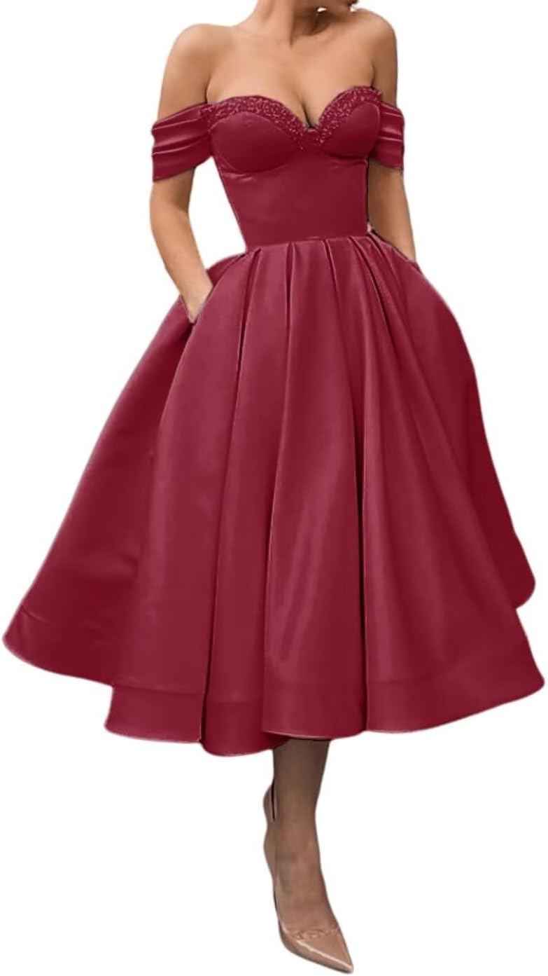 A Line Off Shoulder Prom Dresses for Women Satin Tea Length Cocktail Party Dresses with Pockets