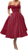 A Line Off Shoulder Prom Dresses for Women Satin Tea Length Cocktail Party Dresses with Pockets