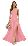 Chiffon Bridesmaid Dresses for Women Long Spaghetti Straps A-line Pleated Formal Evening Party Gowns with Pockets