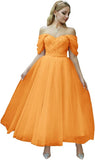 Tulle Tea Length Prom Dresses for Women Off The Shoulder Ball Gowns Teens Sweetheart Beaded Puffy Princess Dress