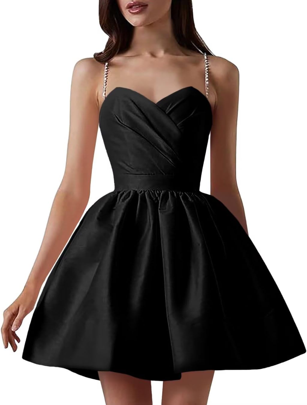 Satin Homecoming Dresses for Teens Spaghetti Straps Short Prom Dress A-Line Cocktail Wedding Guest Dress