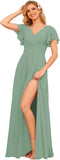 V Neck Bridesmaid Dresses for Women with Slit 2025 Flutter Sleeve Chiffon Pleats Formal Dress with Pockets