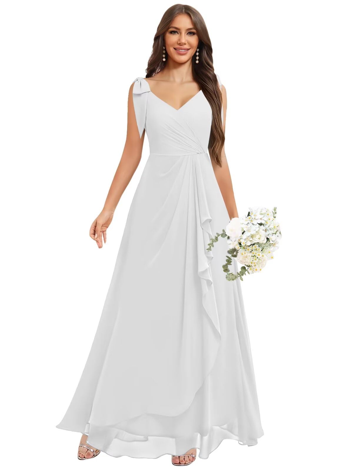 Chiffon Bridesmaid Dresses for Women Ruffles V Neck Flowy Long Formal Evening Dress with Bow
