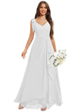 Chiffon Bridesmaid Dresses for Women Ruffles V Neck Flowy Long Formal Evening Dress with Bow