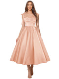 Satin Prom Dresses for Women Spaghetti Straps Corset A-Line Ball Formal Gowns Tea Length with Pockets