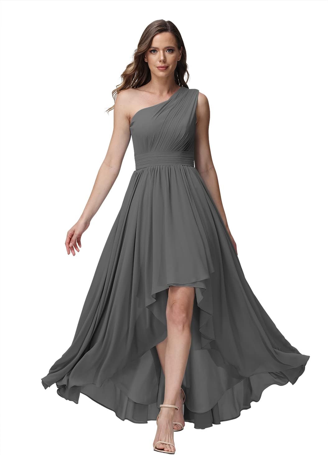 Vestido de dama de honor de un solo hombro para mujer, vestido formal de noche de gasa con bolsillos y corte alto bajo