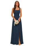 Square Neck Bridesmaid Dress Spaghetti Straps Chiffon Long Formal Dress for Women