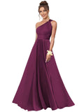 One Shoulder Bridesmaid Dresses for Women Chiffon A Line Pleated Long Formal Gowns with Pockets