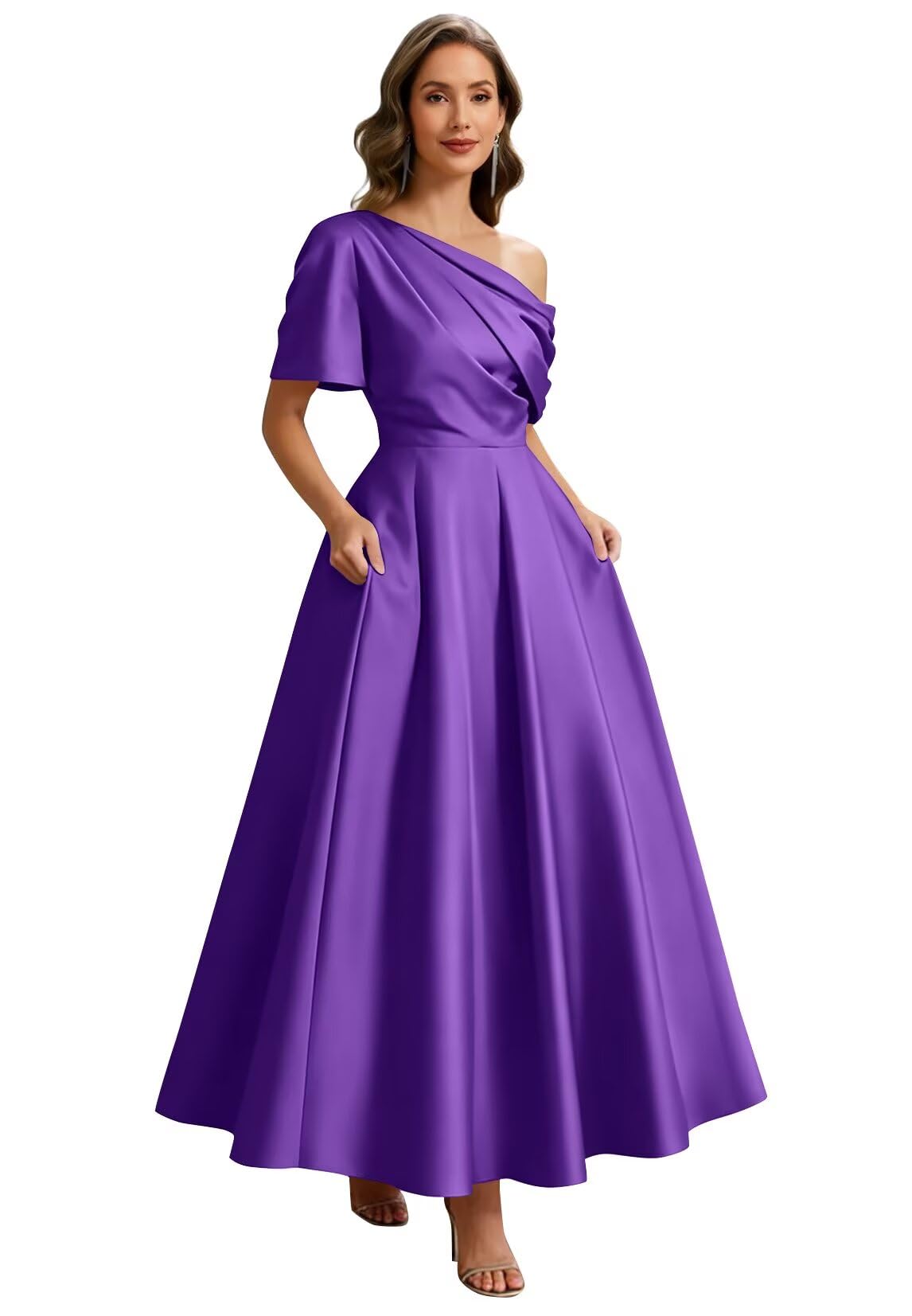 Kingbridal Satin Mother of The Bride Dresses for Women Tea Length Formal Dress One Shoulder Evening Party Gowns with Pockets