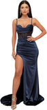 Ballkleider mit Wasserfallausschnitt, langen Spaghettiträgern, Illusion-Meerjungfrauen-Korsett, formelles Abendkleid mit Schlitz 