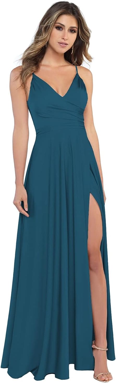 Damen-Brautjungfernkleider aus Satin mit V-Ausschnitt und Schlitz, Spaghettiträgern, formelle Ballkleider mit Taschen 