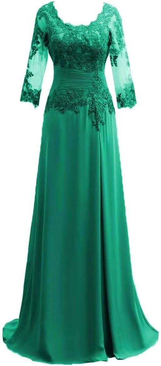 Women's Lace Appliqued Mother of The Bride Dresses 3/4 Sleeves Scoop Long Formal Evening Dress