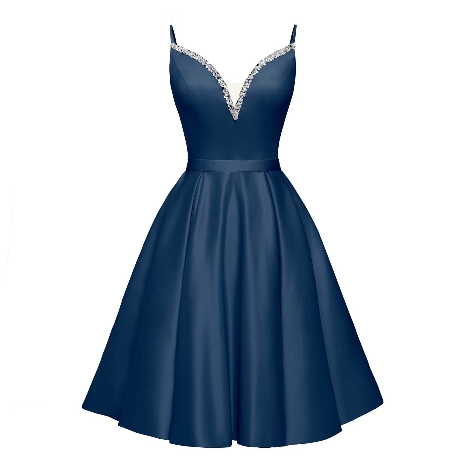 Spaghetti Straps Satin Homecoming Dresses for Teens V-Neck Short Prom Dress A-Line Beaded Cocktail Party Gowns
