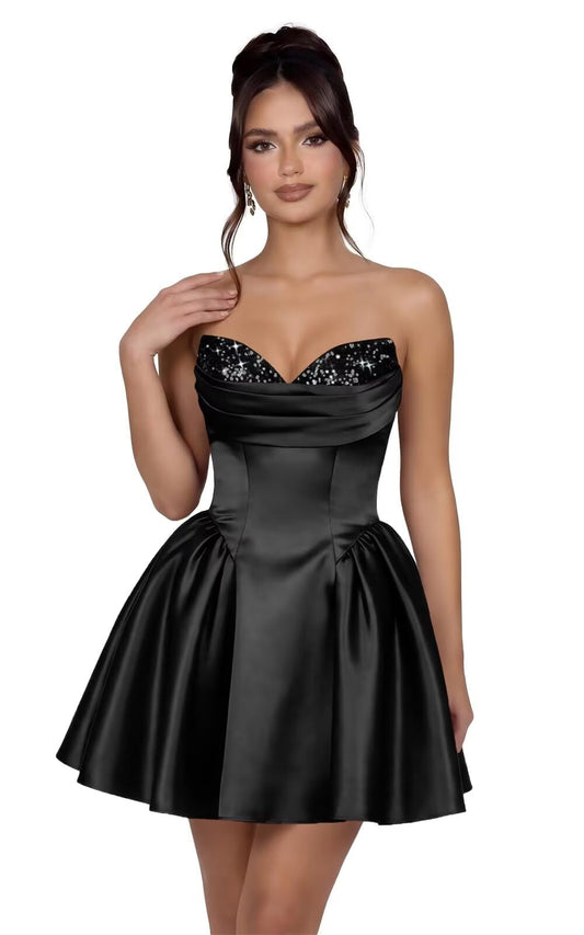 Strapless Satin Homecoming Dresses for Teens Short Sequin A-line Prom Dress Sparkly Pleated Cocktail Party Gowns